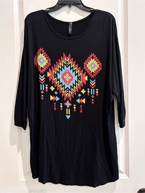 VOLL Black Aztec Southwest Boho Long Sleeve Top Women’s Large Soft Western
